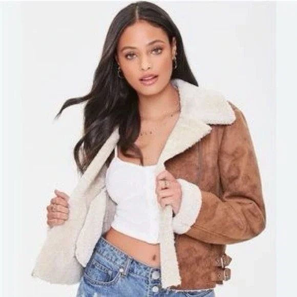 Forever 21 Faux Suede Shearling Aviator Jacket Women Size L EUC Brown Moto Biker - Picture 1 of 6